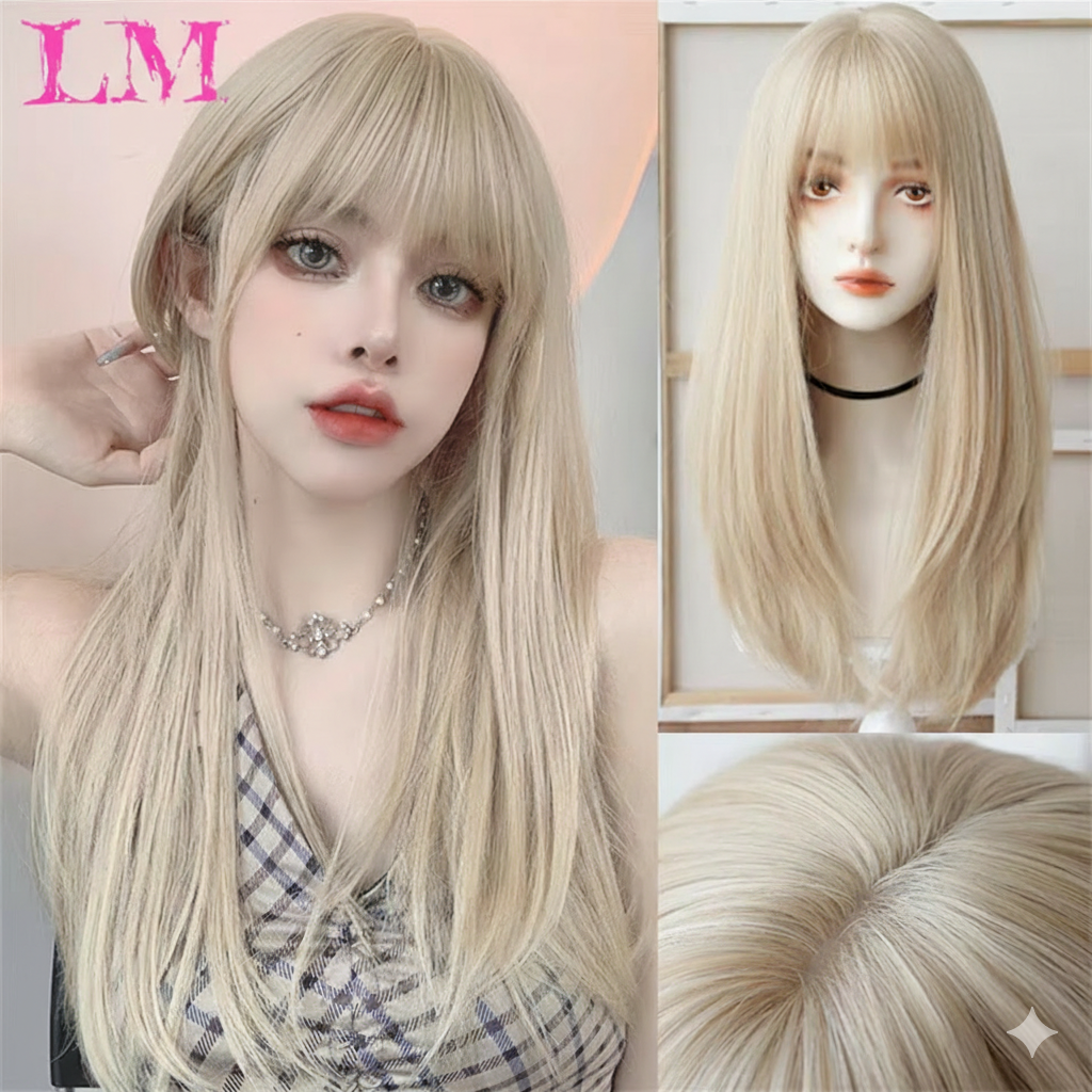 LM Light Blonde Wave Hair Wig Synthetic Long Wavy Wigs with Bangs for Women Cosplay Natural High Temperature Fiber