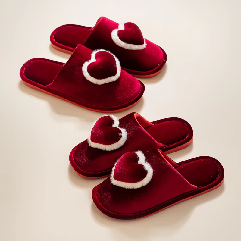 Red Women's Slippers for Winter Morning Gowns,and Cotton Slippers for Wedding Gifts