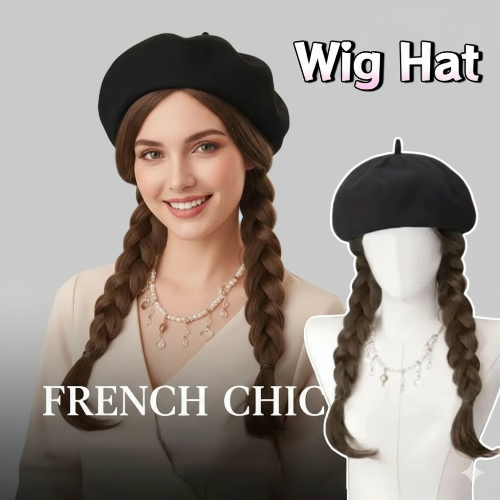 Fashionable Long Curling Hair Wig Hat Braided Design All-in-one Wig Beret Lifelike Detachable Double Braid Wig Cap Women