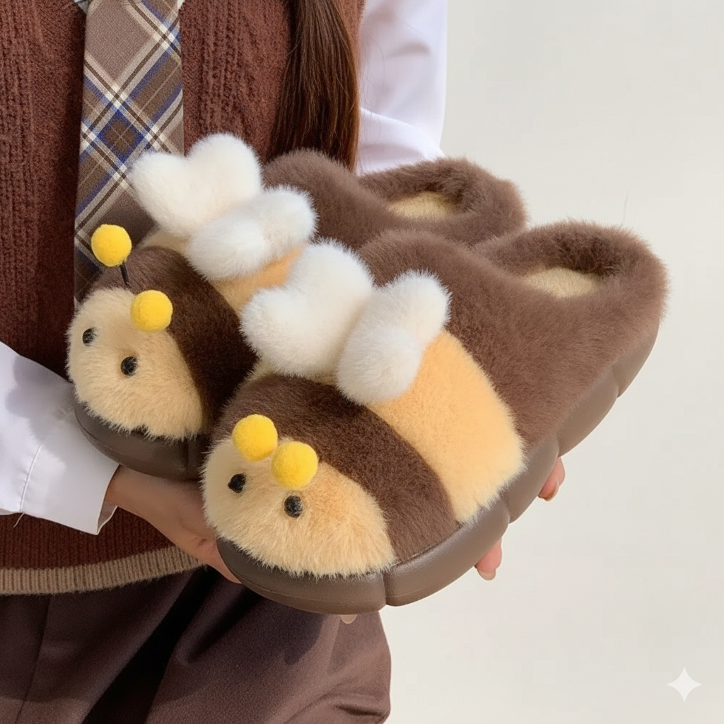 Soft 3D Little Bee Cartoon Bee Plush Slippers Cartoon Fluffy Warm Fur Slippers Anti Slip Thick Soled Y2K Bee Slippers Girls