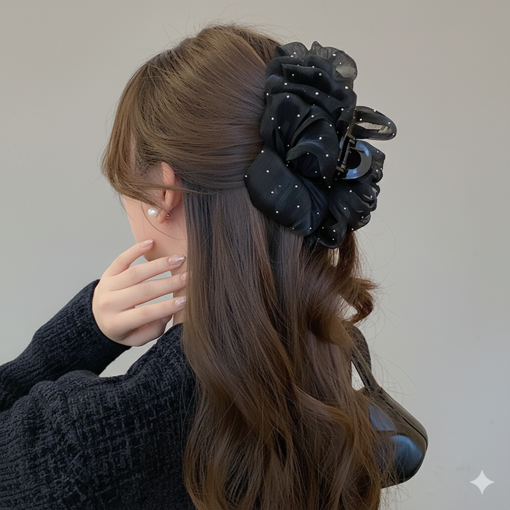 Fairy Mesh Rhinestones Hair Claw Clips for Women Big Sweet Multilayer Bow Hairgrip Solid Color Acrylic Headdress Accessories