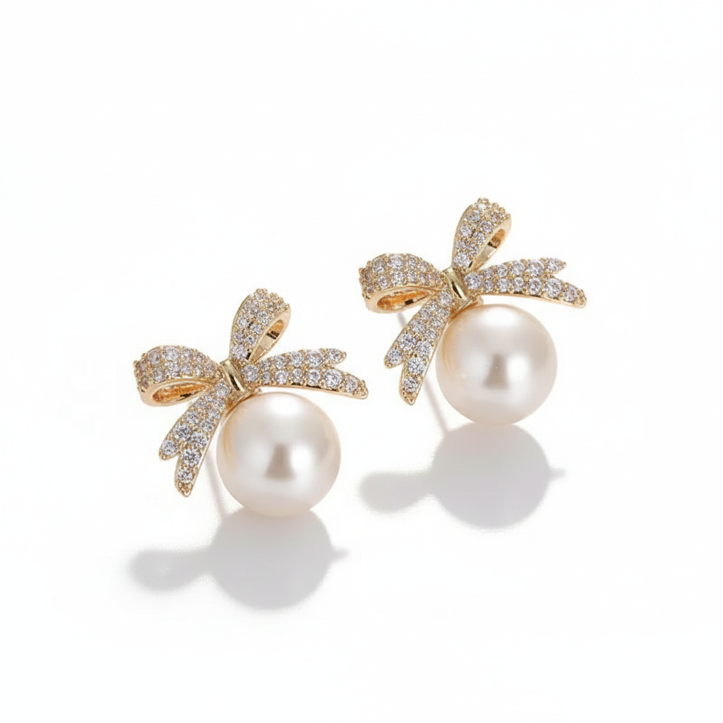 Sparkling Rhinestone Bow Pearl Stud Earrings Light Luxury Fashion Jewelry Women Gifts Wedding Birthday