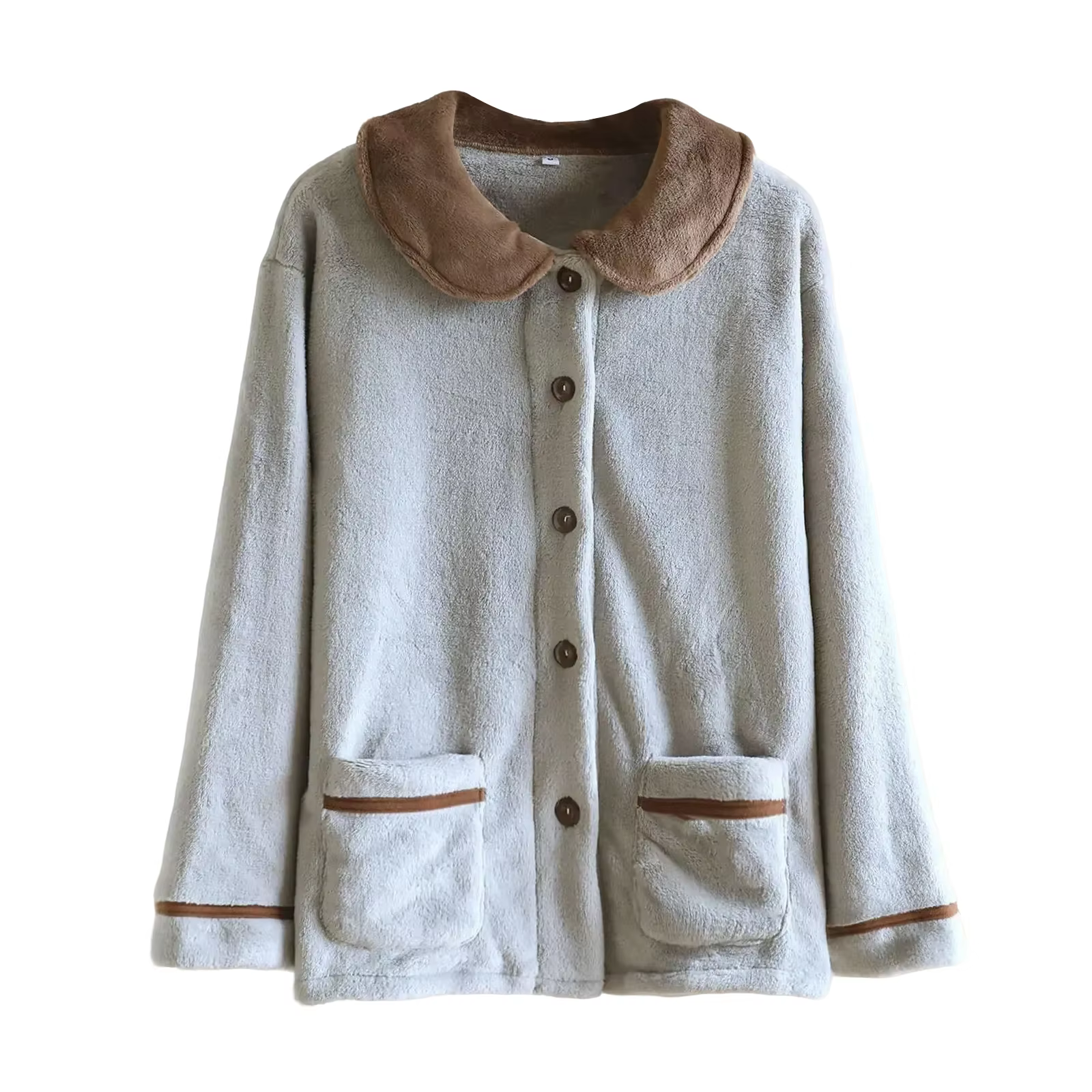 Fashion Classic Color Blocked Loose Long Sleeved Pocket Casual Cardigan Comfortable Flannel Warm Sleepwear Top for Female