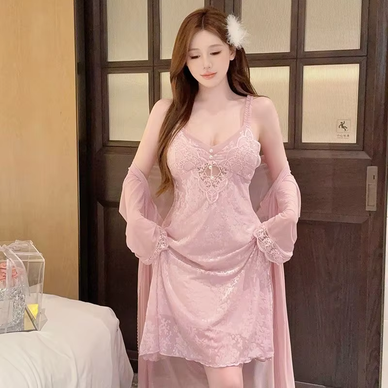 2025 Summer 2PCS Sexy Lace Lingerie Silk Satin Nightgowns Robes Sets For Women Korean Bathrobes Sleepwear Nightdress Night Dress