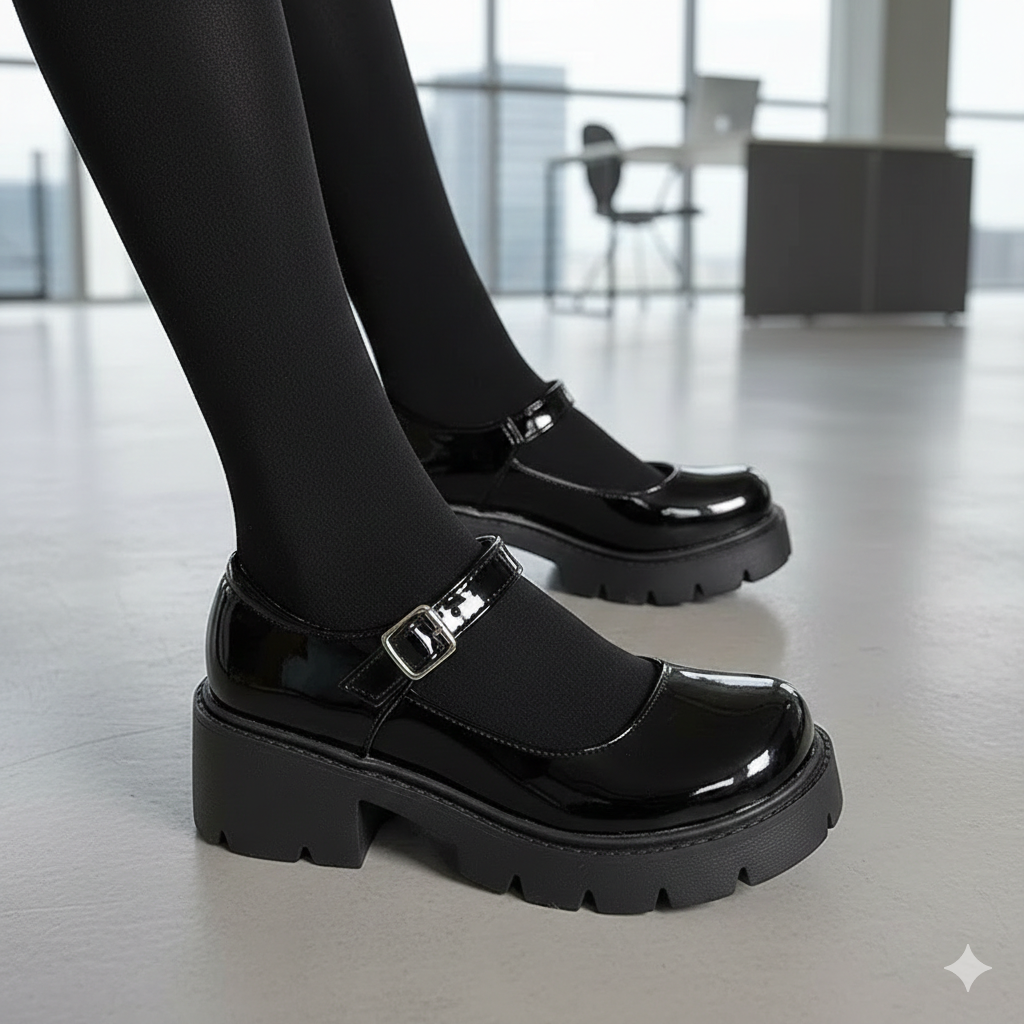 Platform Heels Mary Jane Shoes Simple Lolita Black Platform Heeled Shoes Student College Sweet Medium Heel Women Single Shoes