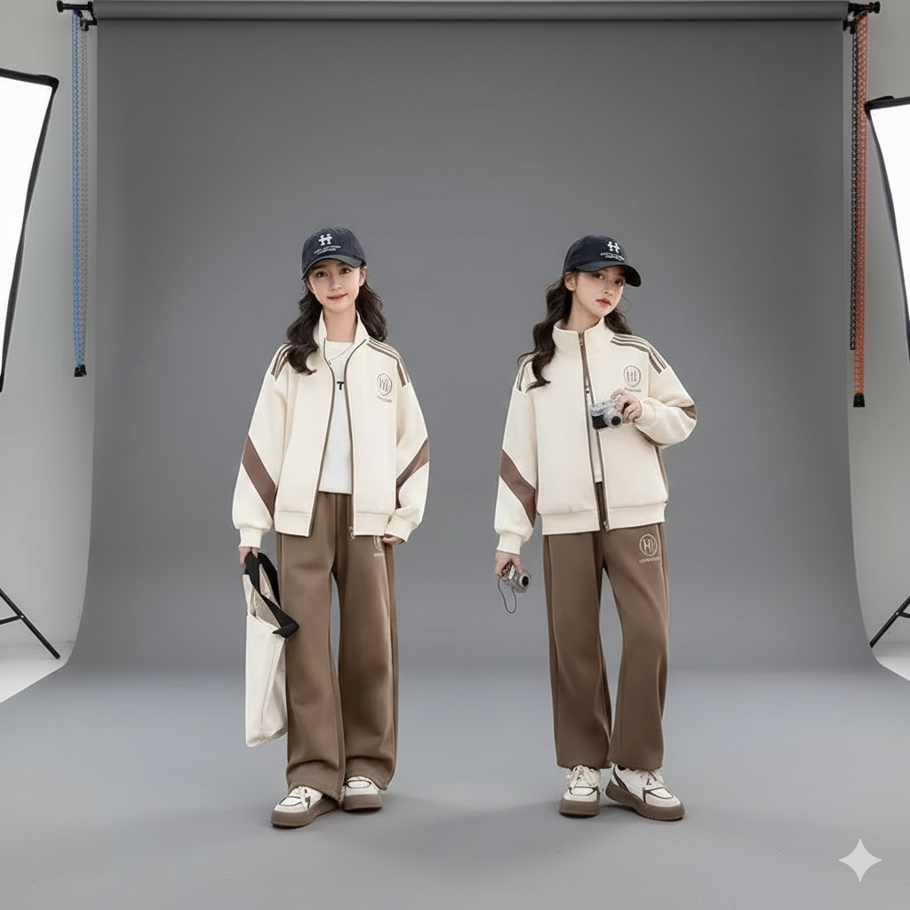 Girls Contrast Full Zip Sweat Jacket+Sweatpant School Kids 2PCS Tracksuit Children Jogger Outfit Student Workout Set 5-16 Years