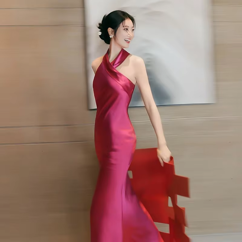 Simple Rose Mermaid Prom Dresses O-neck Sleeveless Halter Woman Ribbon Backless Elegant Bride Cocktail Party Gown 2028